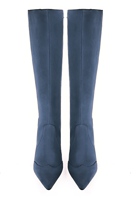Denim blue women's feminine knee-high boots. Pointed toe. Medium block heels. Made to measure. Top view - Florence KOOIJMAN